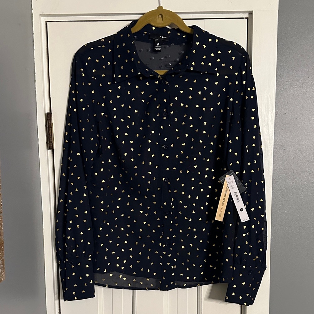 Aqua Navy Button Down Sheet Long-sleeve Shirt with Gold Foil Heart Print - Picture 7 of 11
